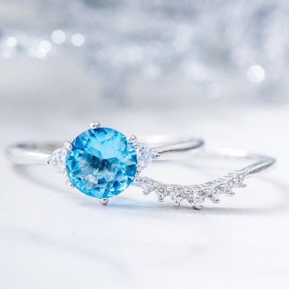 Blue Topaz Ring Set, 925 Sterling Silver Charmed Aroma Birthstone Collection - Picture 3 of 3